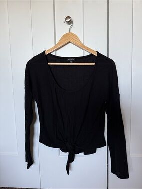 Express Black Long-Sleeve Scoop Neck Tie-Front Top